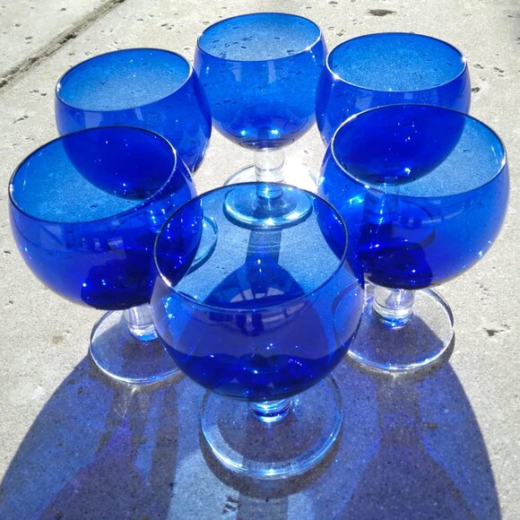 Set of 6 Vintage Crate & Barrel Cobalt Blue Thick Clear Stemmed "Deena" Wine Gla - Picture 1 of 11